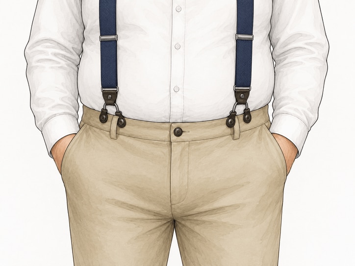 Illustration: Oberkörper mit Hosenträgern, die die Hose von den Schultern aus halten