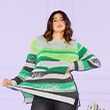 The model is wearing a striped sweater 