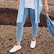 Close-up of straight cut jeans in light bkue