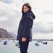 The model is wearing a light blue jacket  