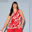 The model is wearing a red and white top