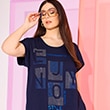 The model wears a blue tshirt

