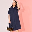 The model wears a blue dresss


