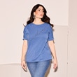 The model is wearing a blue shirt.