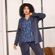 The model is wearing a blue blazer.
