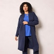 The model is wearing a burgundy jacket.