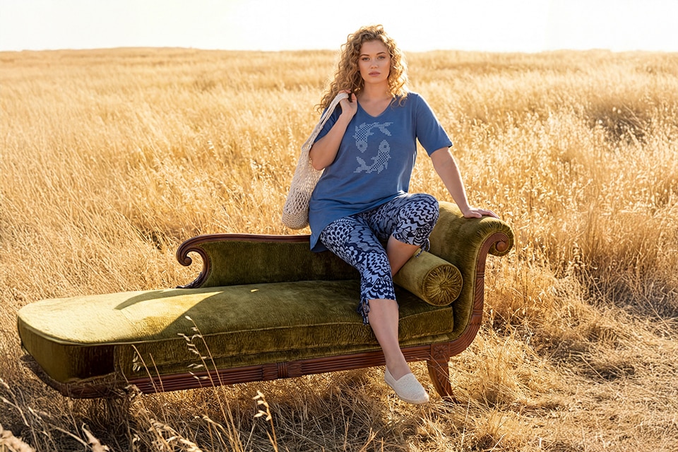 The model wears a green dress