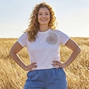 The model wears blue trousers