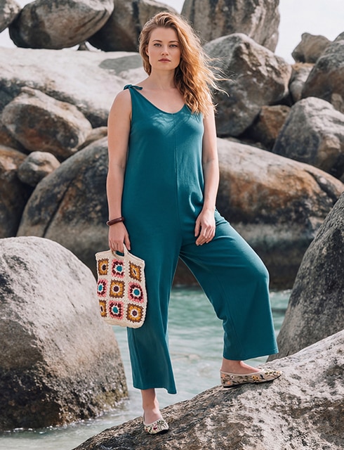 The model poses in a pink skirt and white jumper in a field 