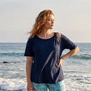 The model wears blue trousers