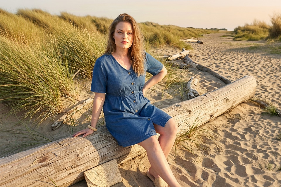 The model is wearing loose-fitting white pants and a green shirt