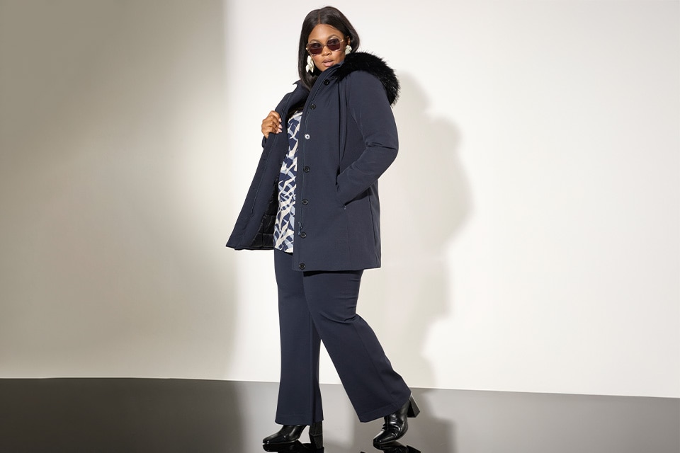 The model wears a jacket