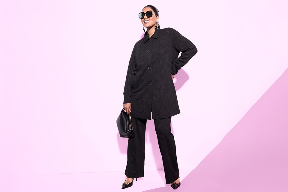 The model wears a jacket