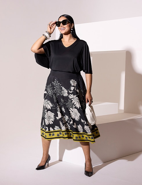 The model is wearing a  floral dress
