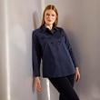 The model is wearing a blue blouse.