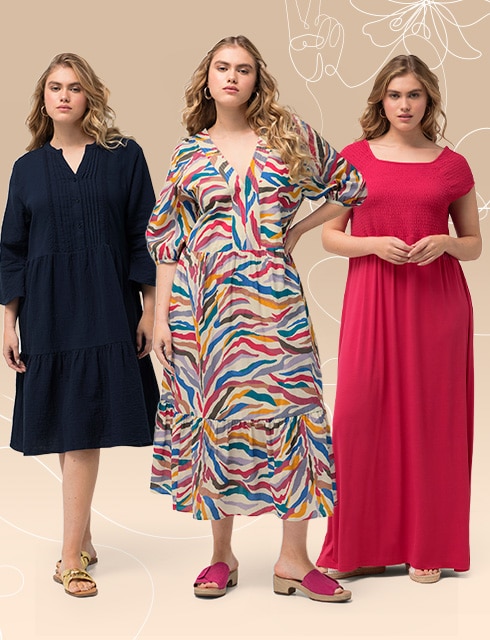 three models wear dresses of different lengths