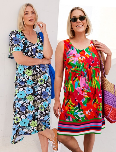 three models wear dresses of different lengths