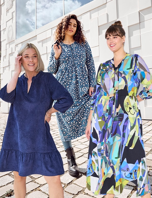 three models wear dresses of different lengths