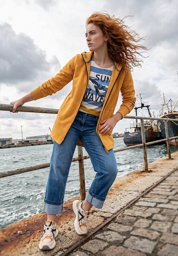 Model mit blauem Shirt.