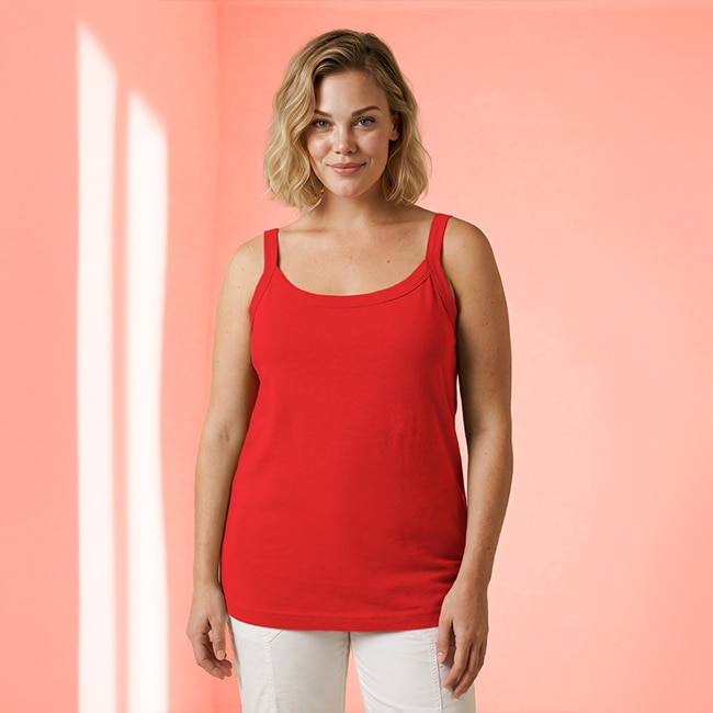 The model is wearing a red sweater