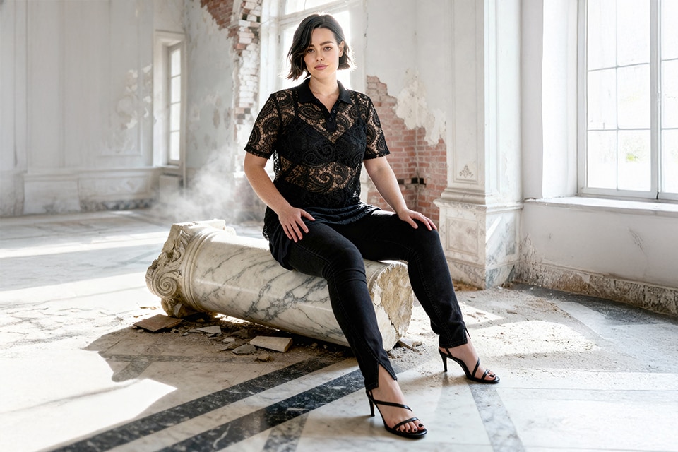 The model wears a black shirt