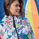 The model poses in a colorful rain cape 
