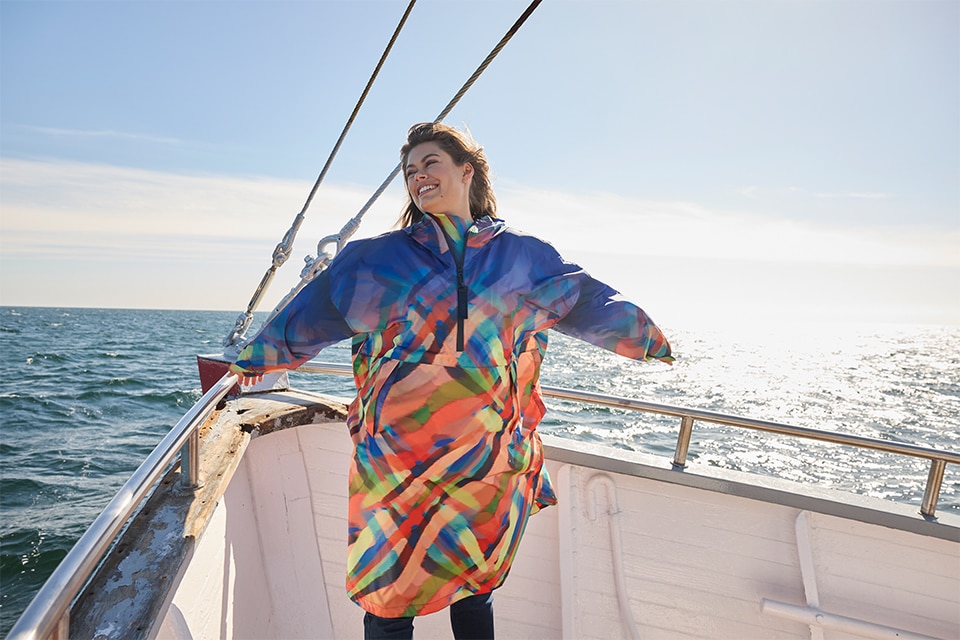 The model wears a colorful raincape