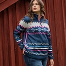 The model is wearing a colourful sweatshirt
