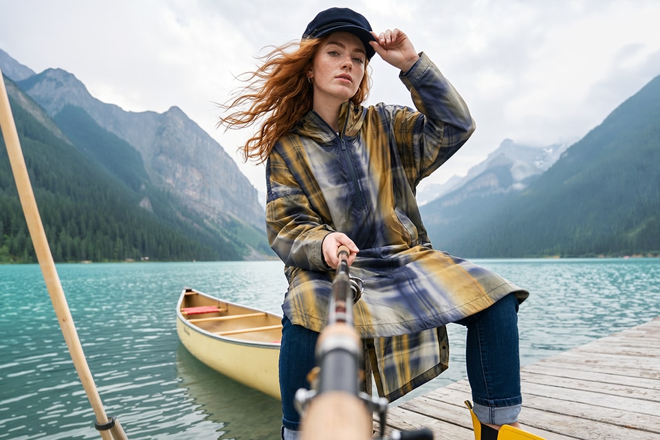 The model wears a colorful raincape