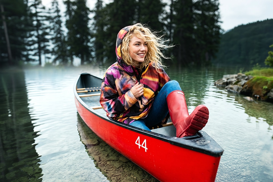 The model wears a colorful raincape