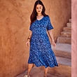 The model is wearing a blue dress with fish on it.