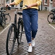 The model is wearing a jeans.