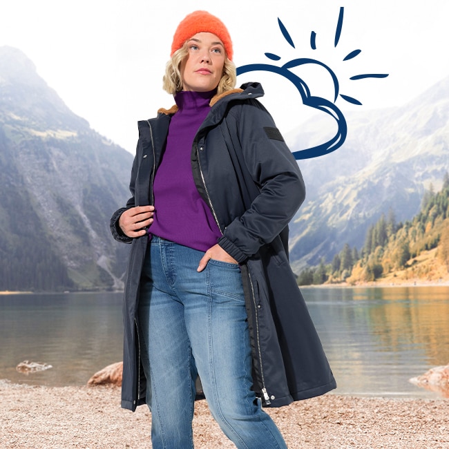 The model is wearing a HYPRAR hybrid jacket, quilted/softshell with stand-up collar and hood in ruby