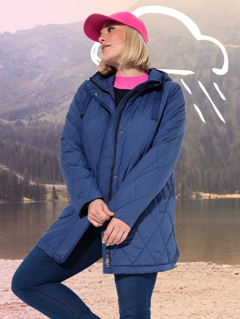 The model is wearing a light blue functional quilted jacket