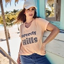the model wears a shirt with a print
