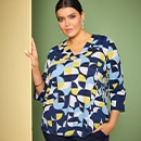 the model wears a colorful shirt