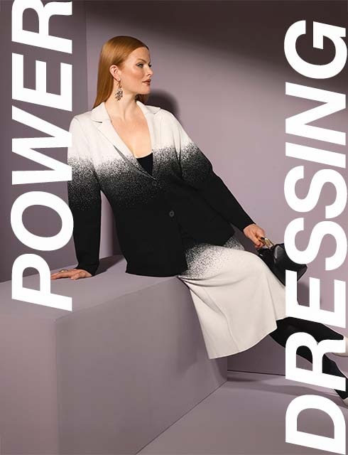 two models pose in different outfits, suitable for the office.