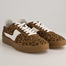 Brown sneakers in leopard print style with white stripes on the side and white laces
