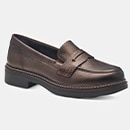 A bronze-colored loafer