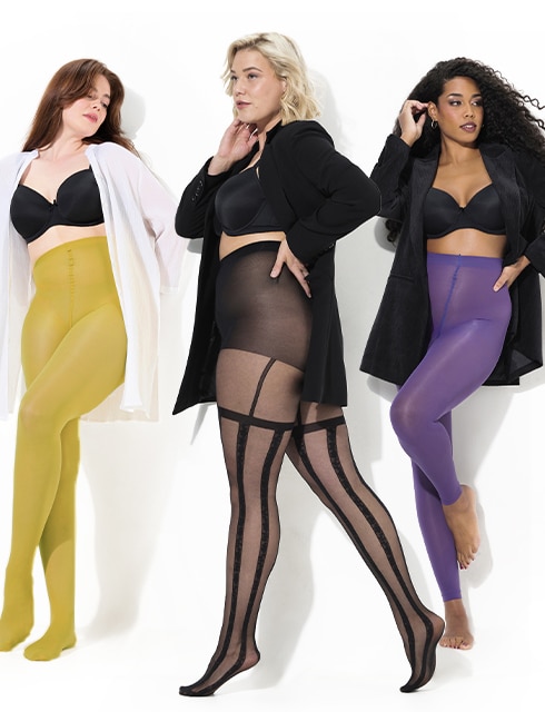 Various models pose in colourful tights and leggings