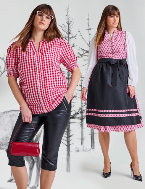 Two models pose in the same dirndl. One model wears a beige apron, the other model a dark blue apron