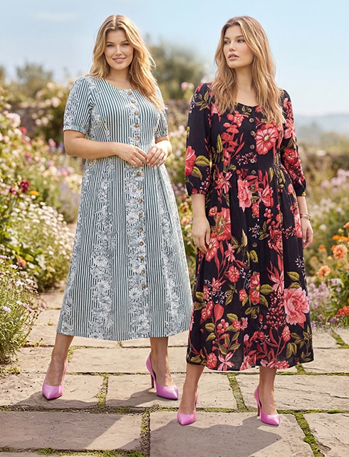 two models are wearing colorful dresses