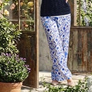 The model is wearing blue and white pants
