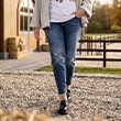 The model is wearing a jeans.

