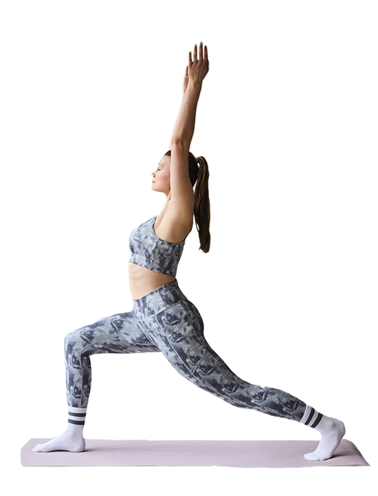 Woman is doing stretching and wearing sportive clothing