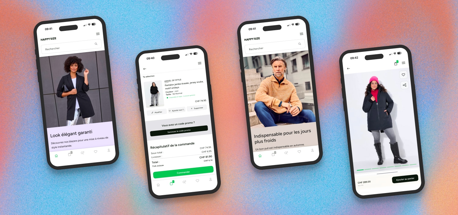 Des smartphones affichent l'application Happy Size