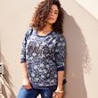 The model is wearing a blue sweatshirt