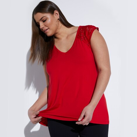 Lace Shoulder Stretch Knit Top